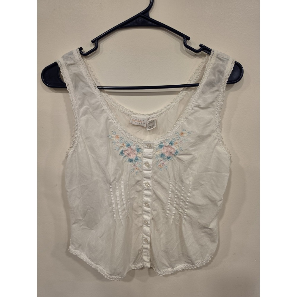 White Embroidered Lace Floral Tank Top Boho Cottagecore Y2K Size L Sally Owens